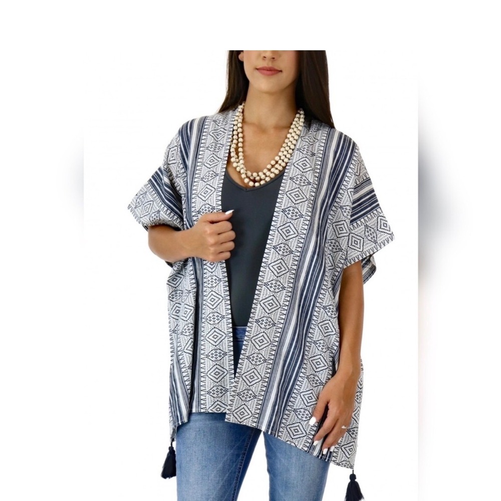 Miss Me Navy White Tribal Geometric Cotton Kimono Tassel Wrap Large 100% cotton